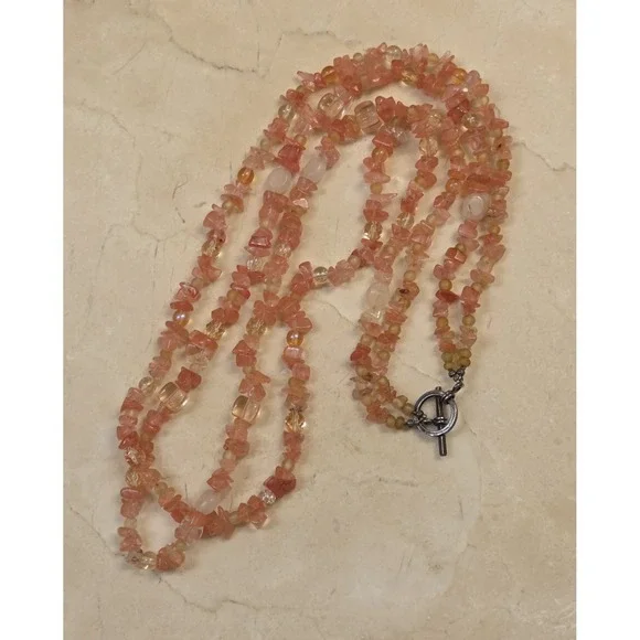 Vintage Rose Quartz Dual Strand 27" Sterling Silver Toggle Clasp Necklace - Picture 2 of 4